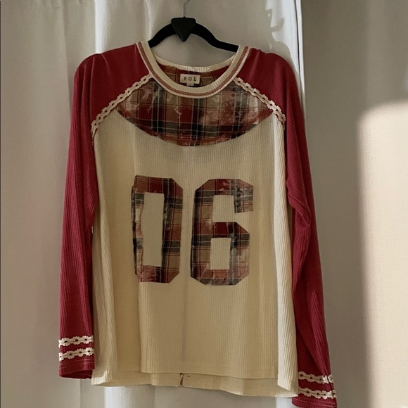 POL Tops - POL Red and Cream Long Sleeve Tee